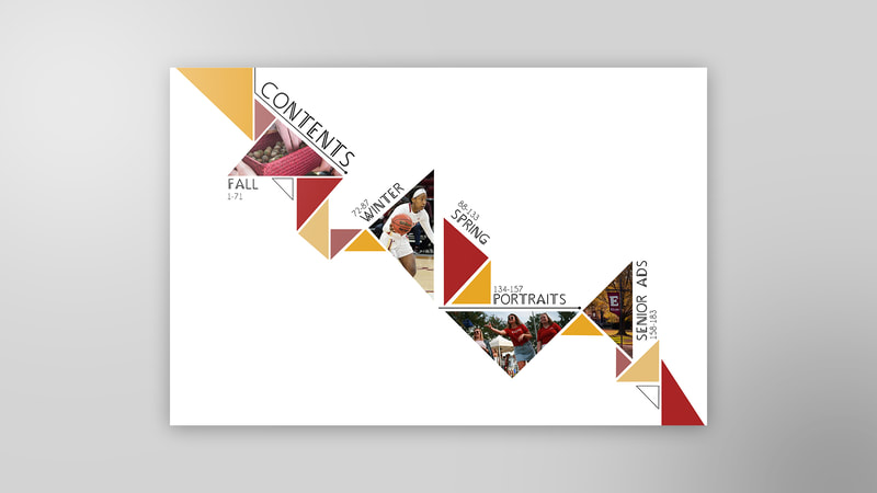 Red and gold geometric, triangular design for the end sheets in the Phi Psi Cli yearbook.
