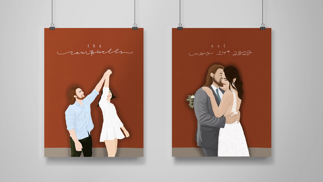 Two hanging digital portrait illustrations of a young couple in engagement and wedding photos