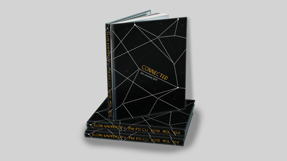 Stack of three hard cover yearbooks with a black cover, yellow text and white geometric pattern